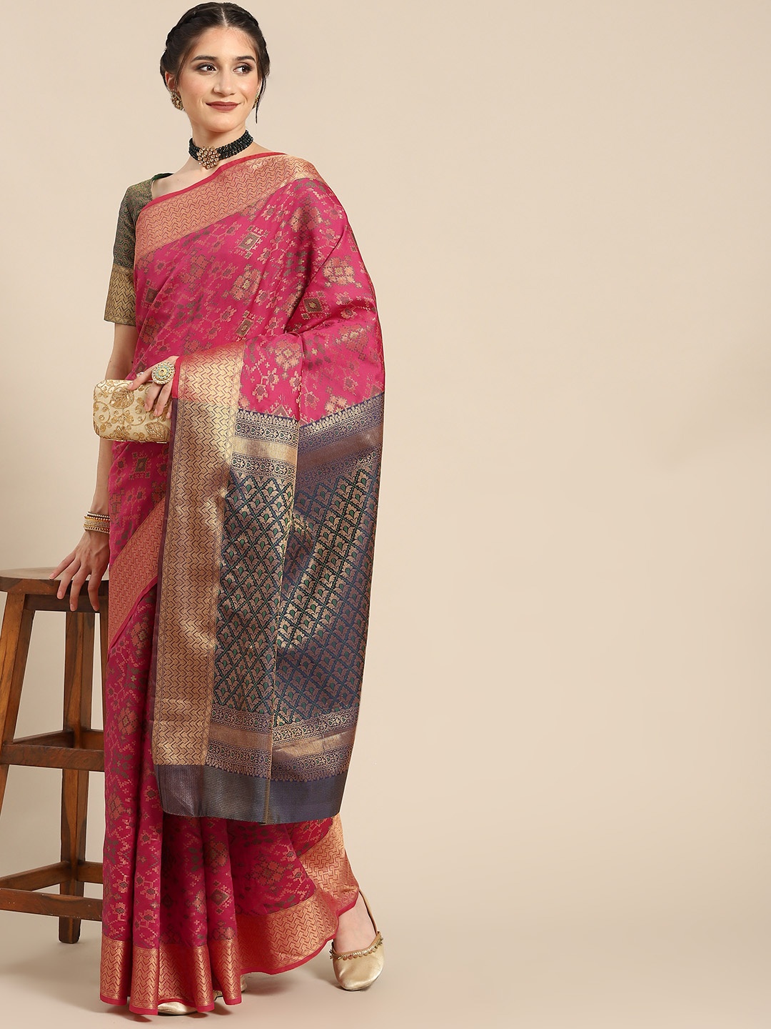 

all about you Pink & Gold-Toned Ethnic Motifs Silk Blend Saree
