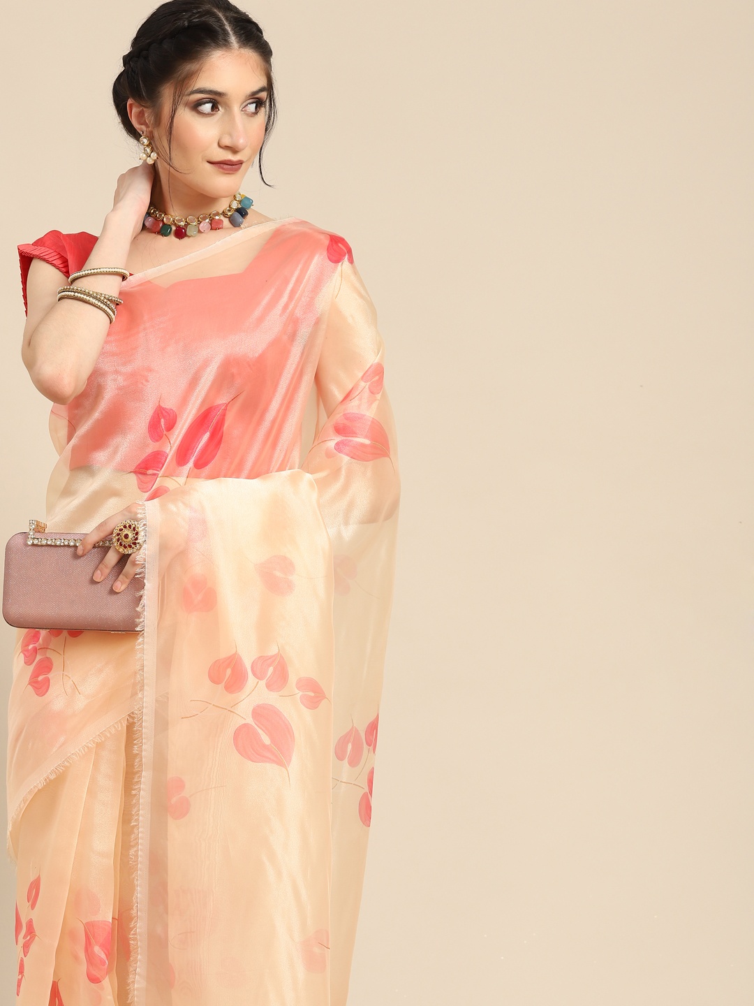 

all about you Beige & Pink Floral Organza Saree