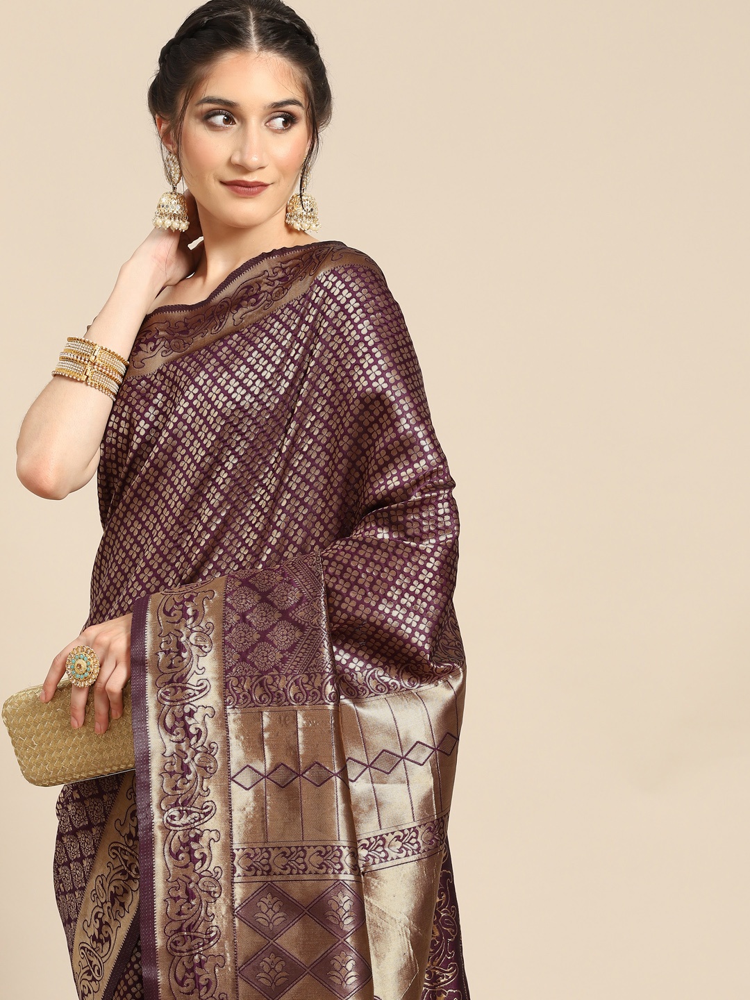 

all about you Purple & Gold-Toned Woven Design Silk Blend Saree