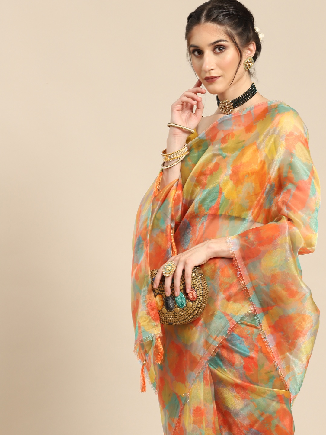 

all about you Orange & Blue Organza Saree