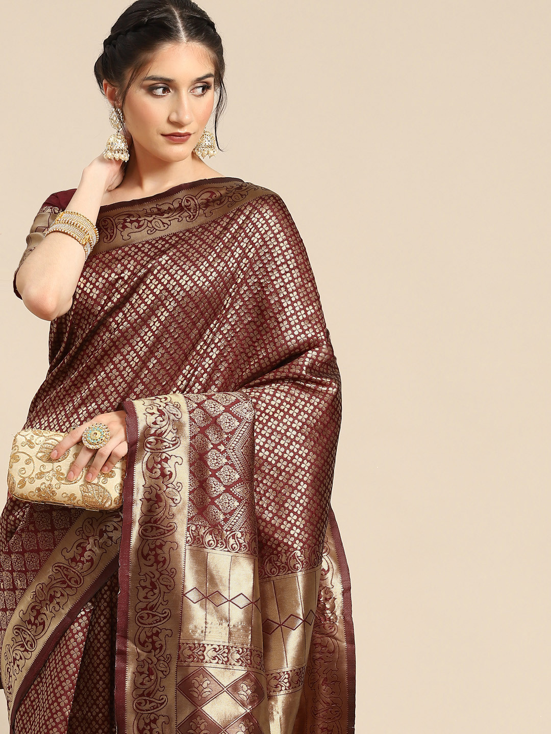 

all about you Maroon & Golden Ethnic Motifs Silk Blend Saree