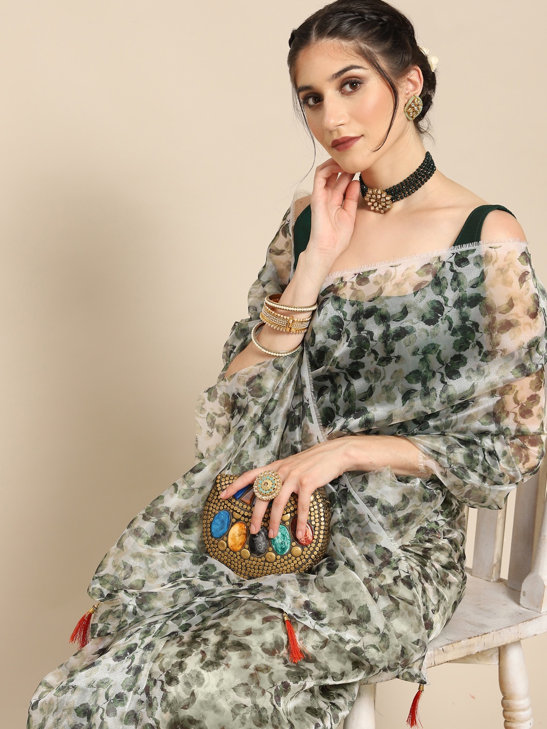 

all about you Off White & Green Floral Organza Saree