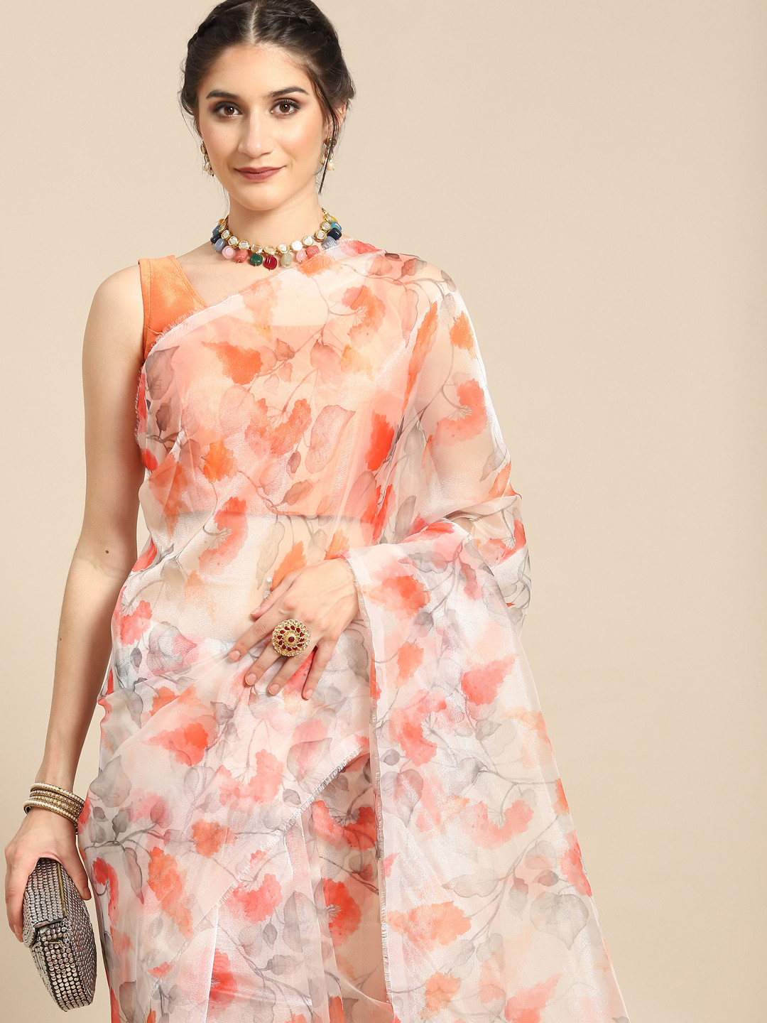 

all about you White & Peach-Coloured Floral Organza Saree