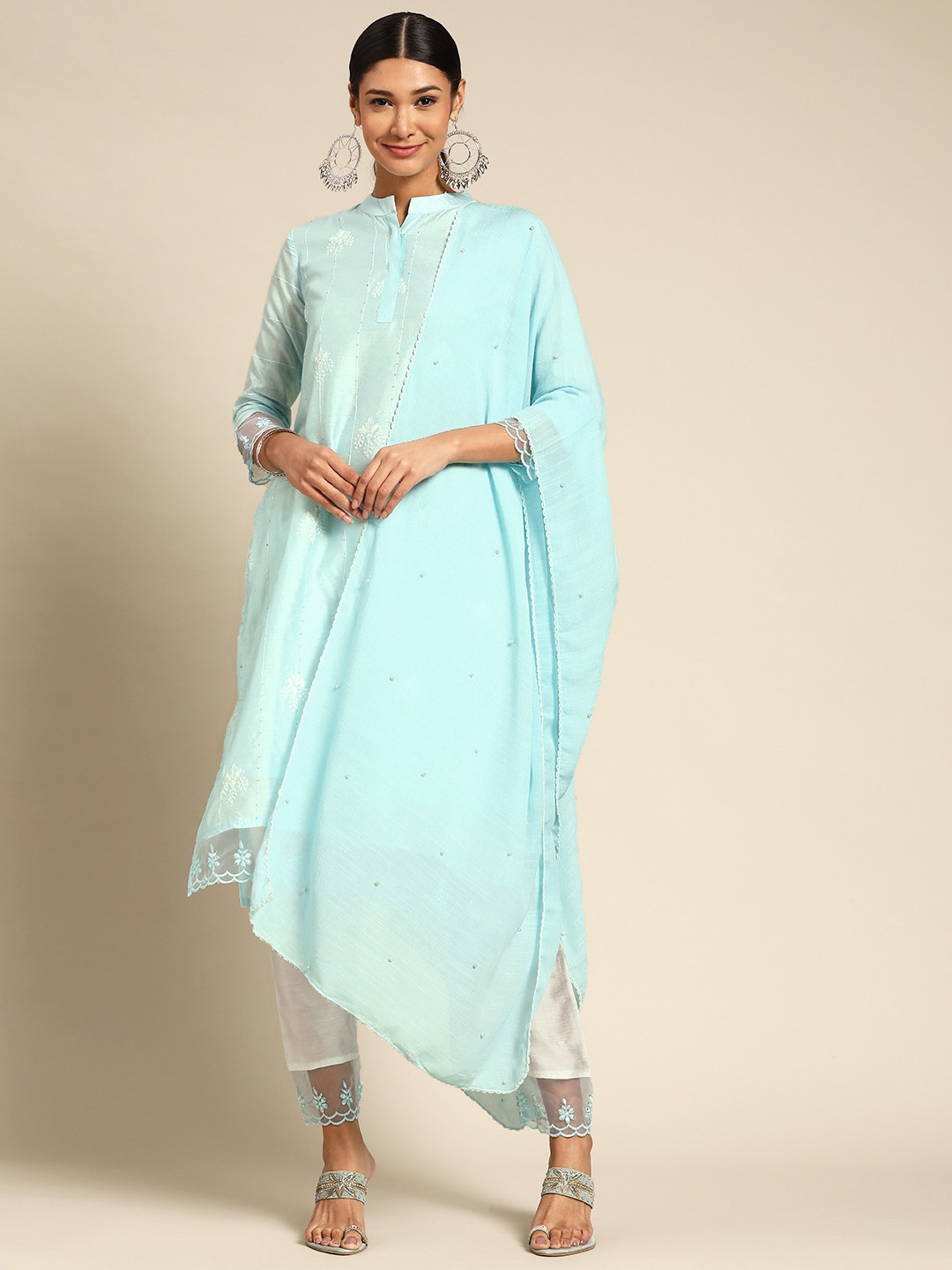 

Sangria Women Blue Ethnic Motifs Embroidered Kurta with Trousers & Dupatta