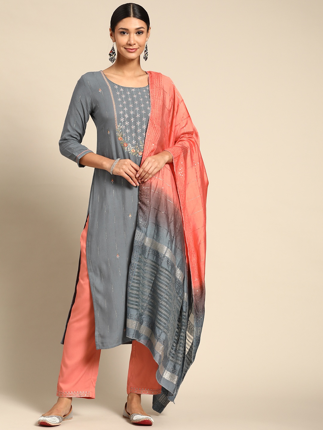 

Sangria Women Grey Ethnic Motifs Embroidered Kurta with Trousers & Dupatta