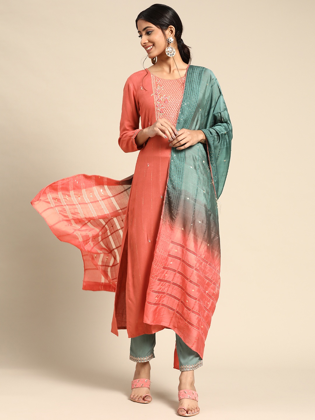 

Sangria Women Coral Pink Ethnic Motifs Embroidered Kurta with Trousers & Dupatta