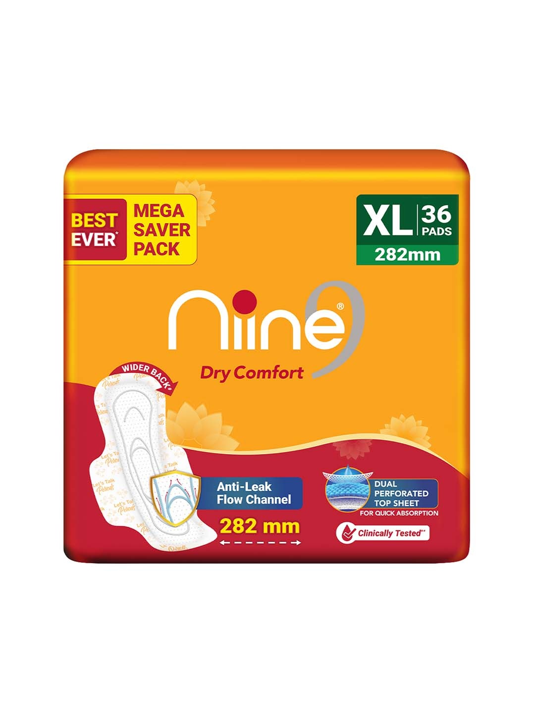 

Niine Dry Comfort Anti Leak Flow Channel XL 275 mm Sanitary Pads - 40 Pads, Orange