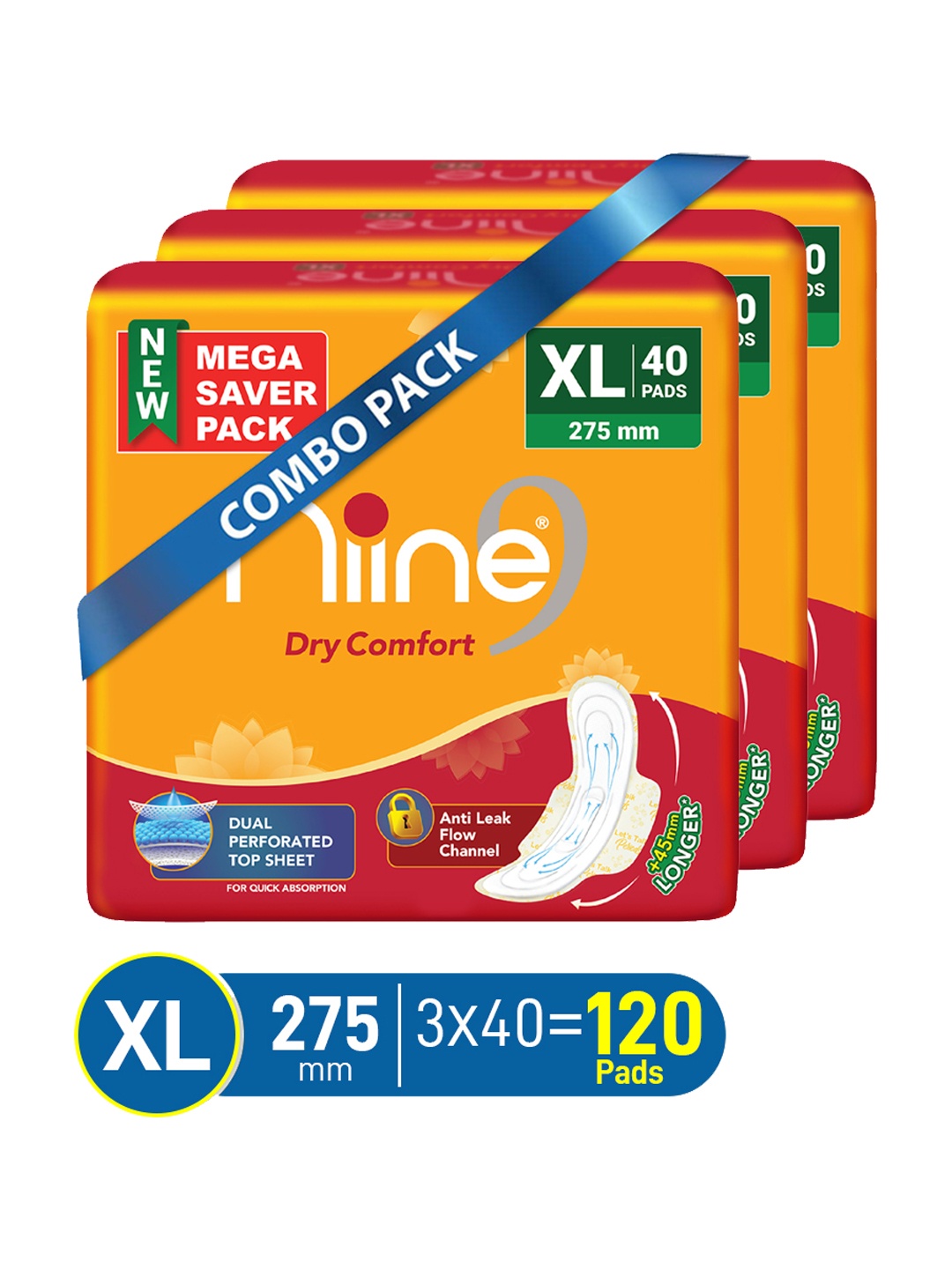 

Niine Set of 3 Dry Comfort Anti Leak Flow Channel XL 275 mm Sanitary Pads - 40 Pads Each, Orange