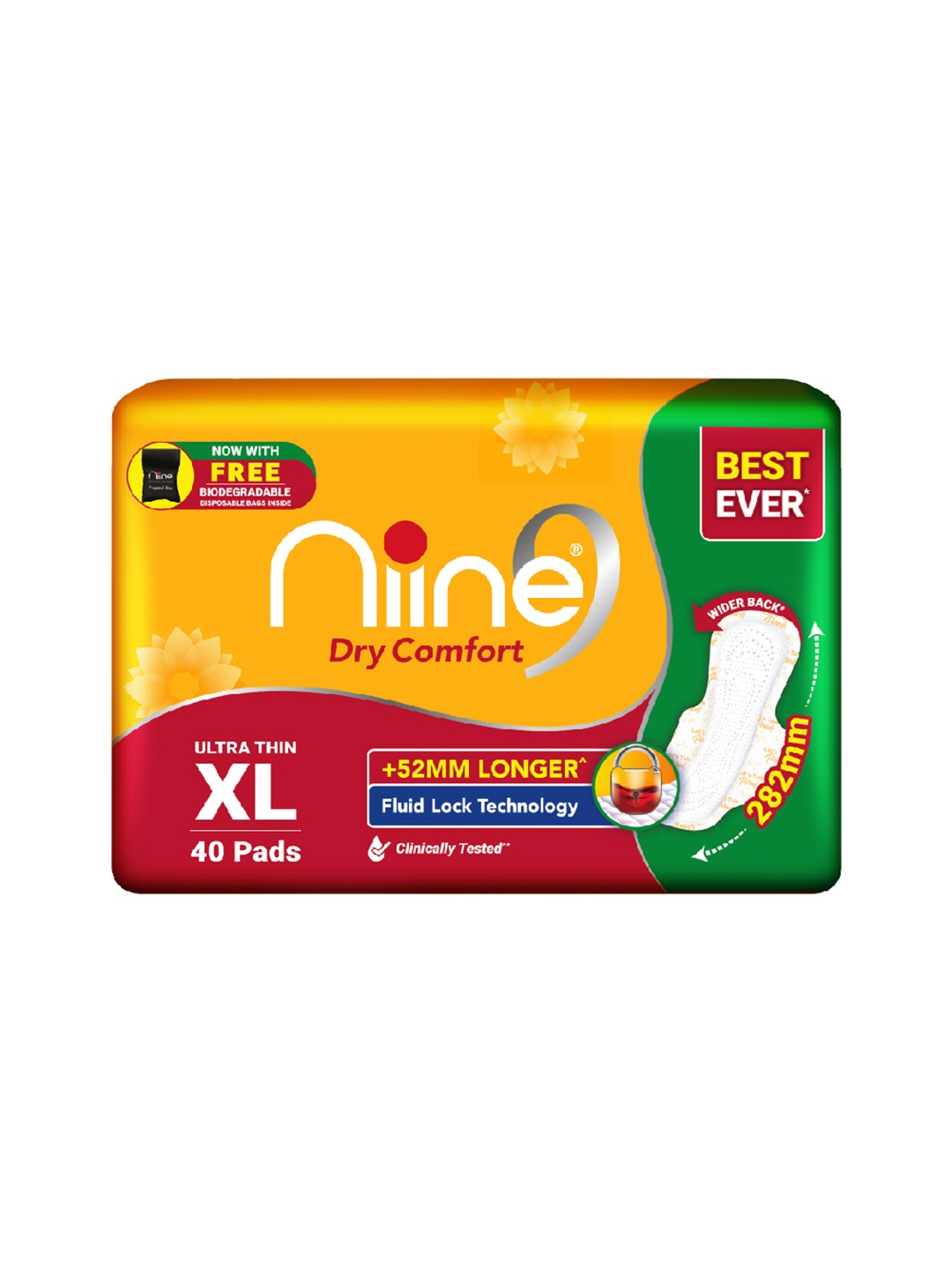 

Niine Dry Comfort Anti Leak Flow Channel XL 275 mm Ultra Thin Sanitary Pads - 40 Pads, Orange