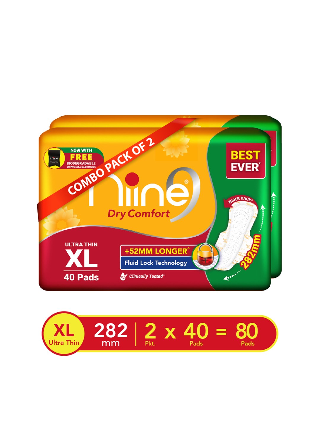

Niine Set Of 2 Dry Comfort Anti Leak Flow XL 275mm Ultra Thin Sanitary Pads - 40 Pads Each, Orange