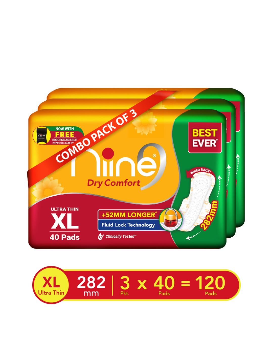 

Niine Set Of 3 Dry Comfort Anti Leak Flow XL 275mm Ultra Thin Sanitary Pads - 40 Pads Each, Orange