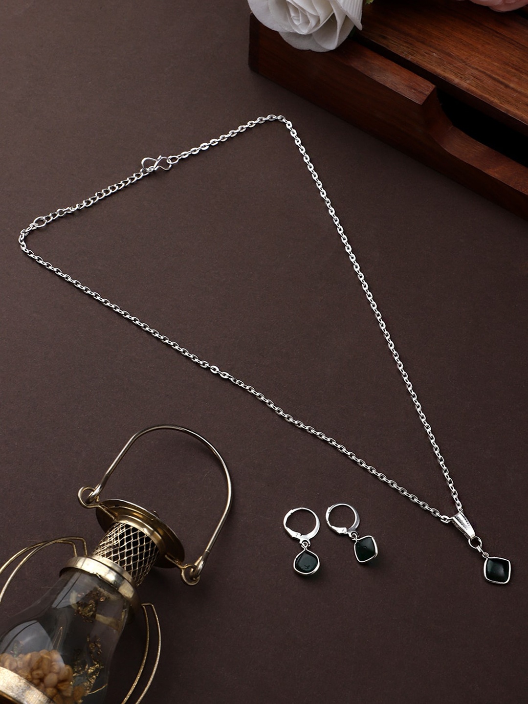 

CARDINAL Silver-Toned Green Stone Studded Jewellery Set