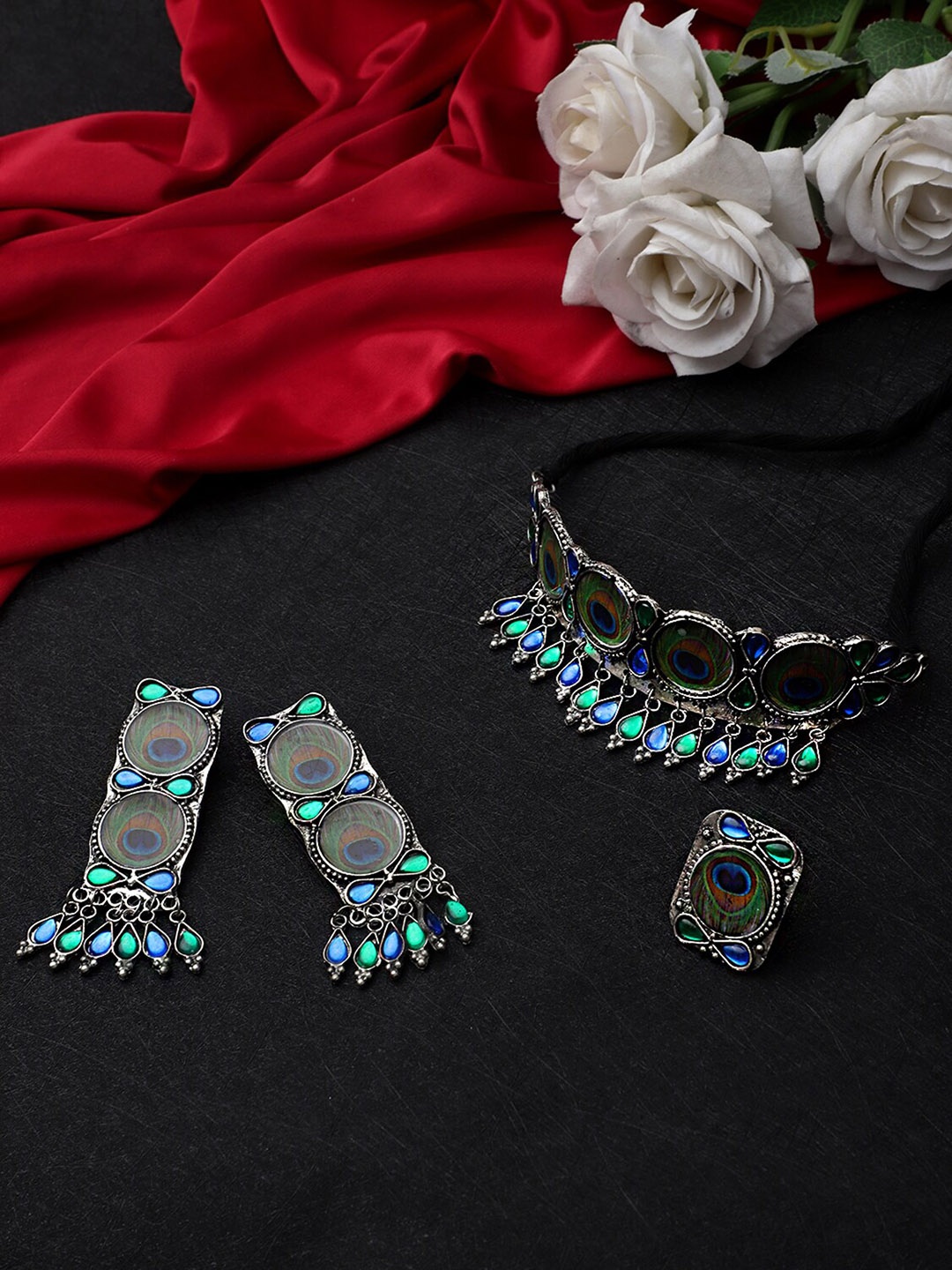 

CARDINAL Oxidized Silver-Toned Green & Blue Stone Studded & Beaded Jewellery Set