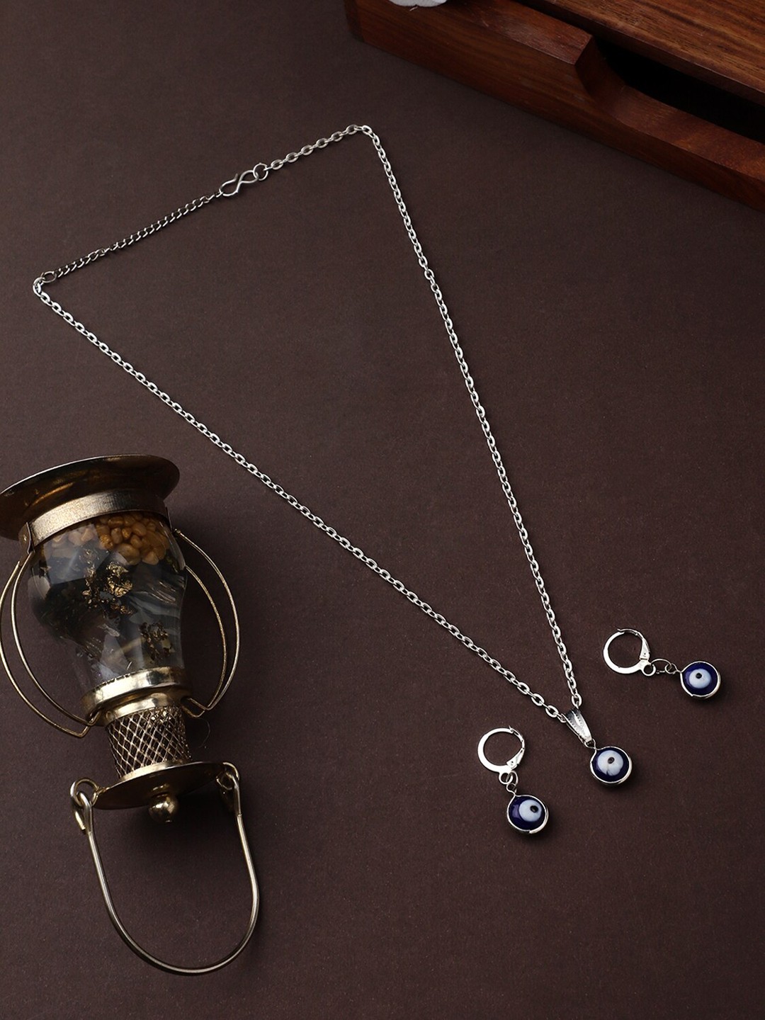 

CARDINAL Silver-Toned Blue Evil Eyes Necklace Chain Set