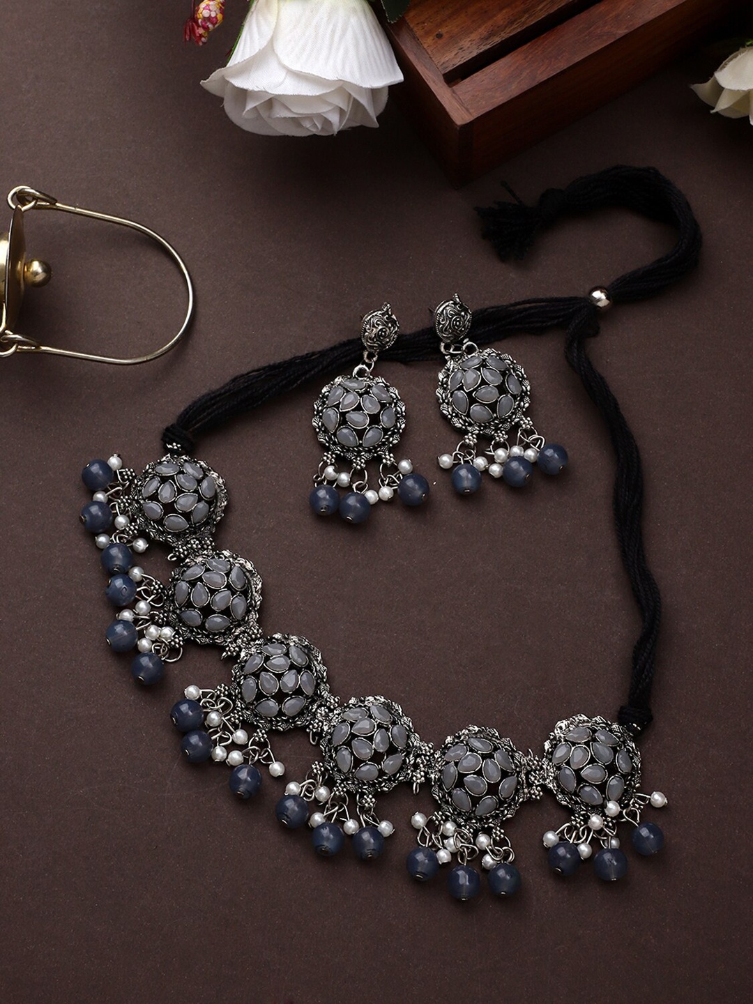 

CARDINAL Silver-Toned Oxidised Grey Stone Flower Lavish Choker Necklace Set