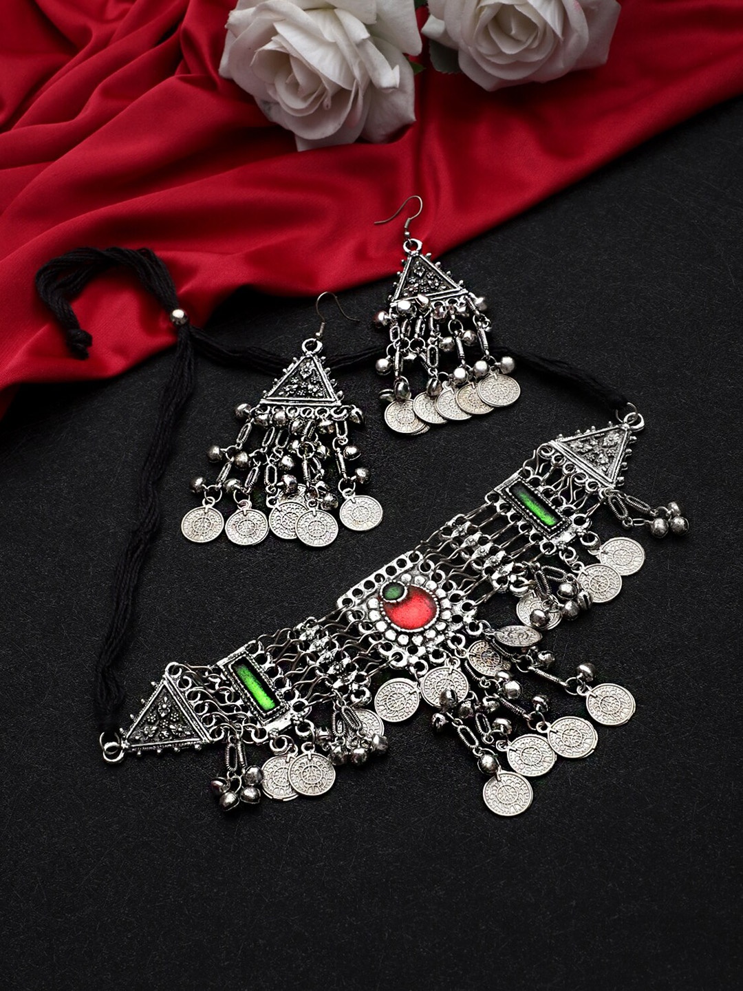 

CARDINAL Silver-Toned Oxidised Antique Choker Necklace Set