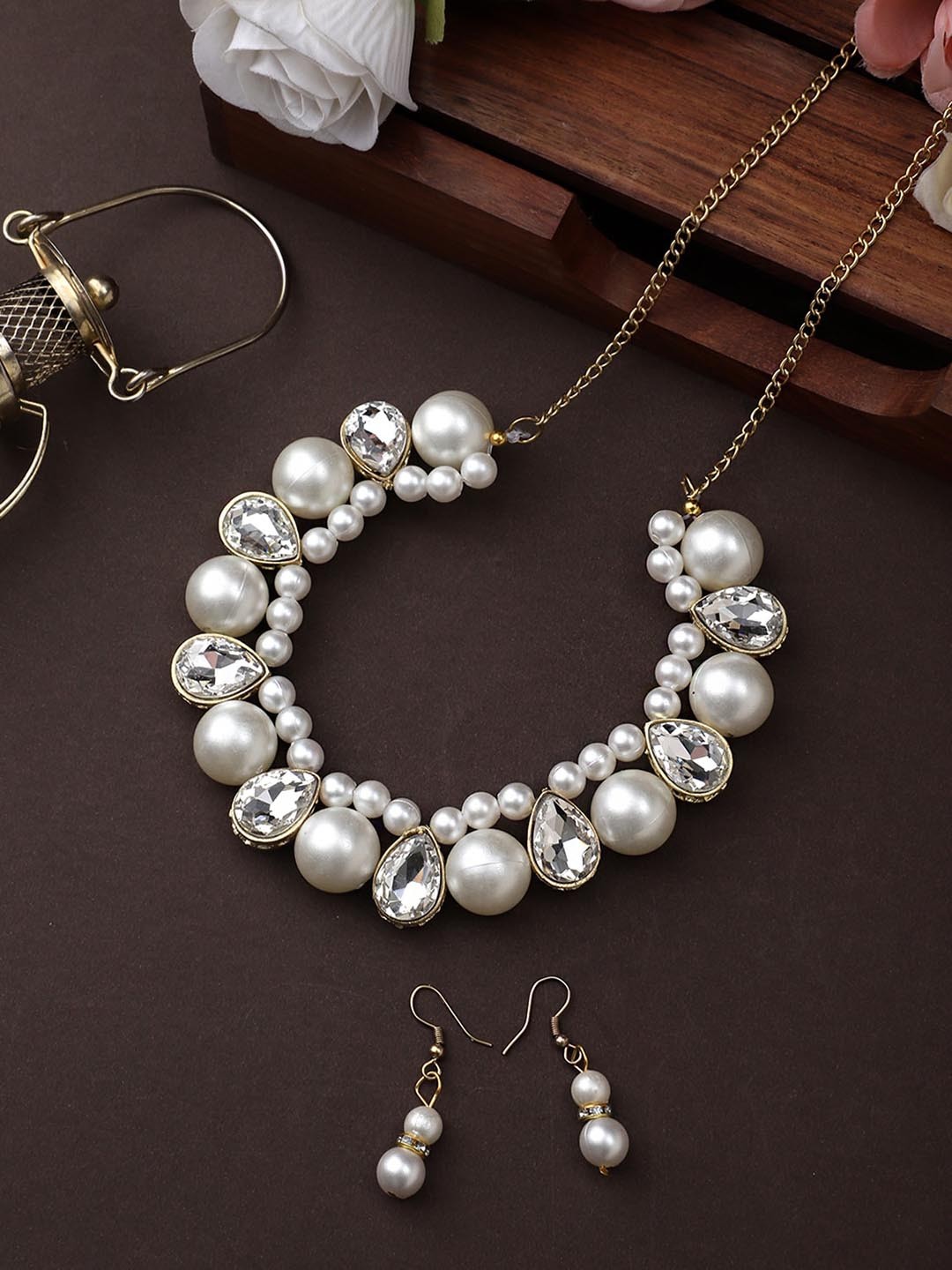 

CARDINAL Gold-Toned White Pearl Beaded Chocker Necklace Set, Silver