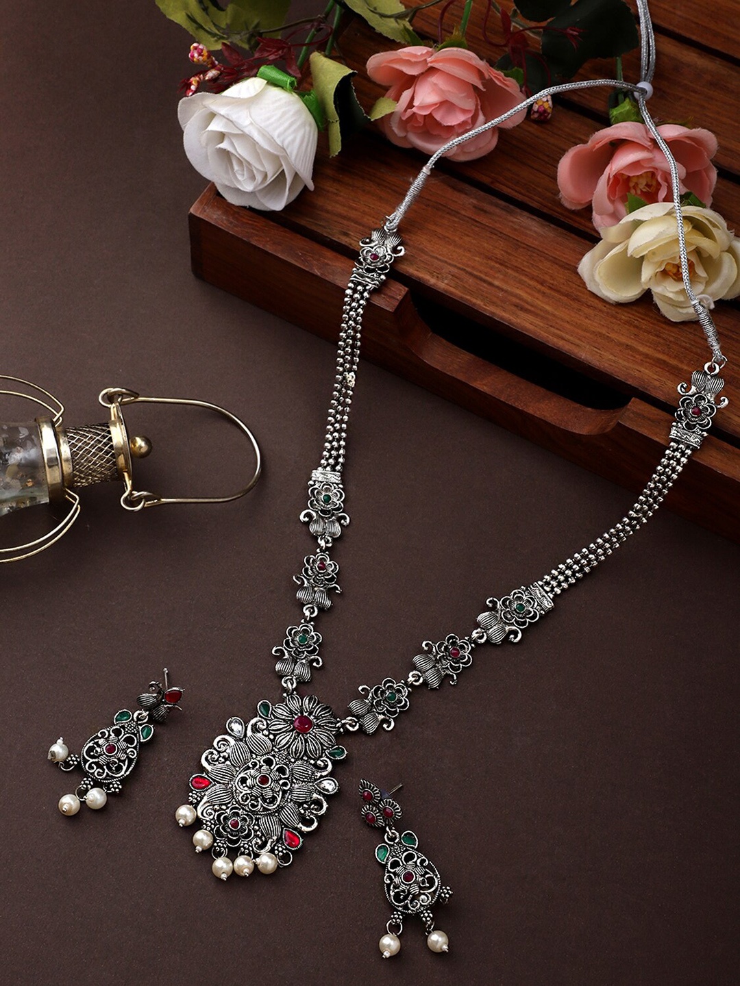 

CARDINAL Silver-Toned Oxidised Long Necklace Set