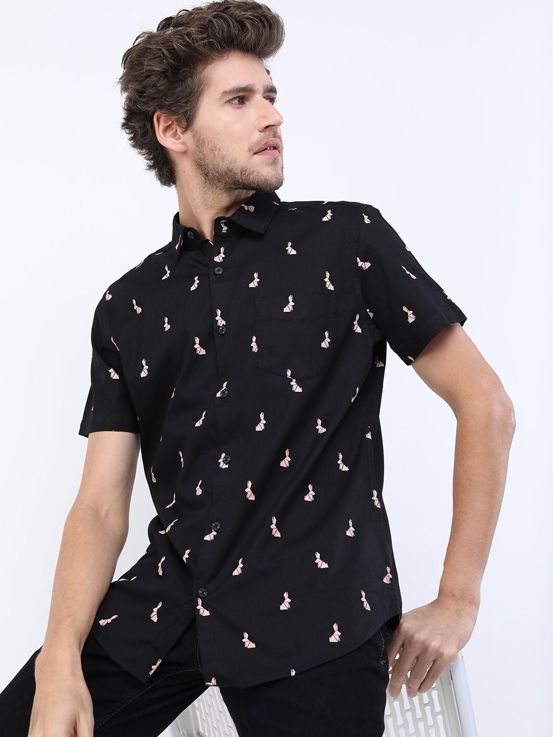 

HIGHLANDER Men Black Slim Fit Printed Cotton Casual Shirt