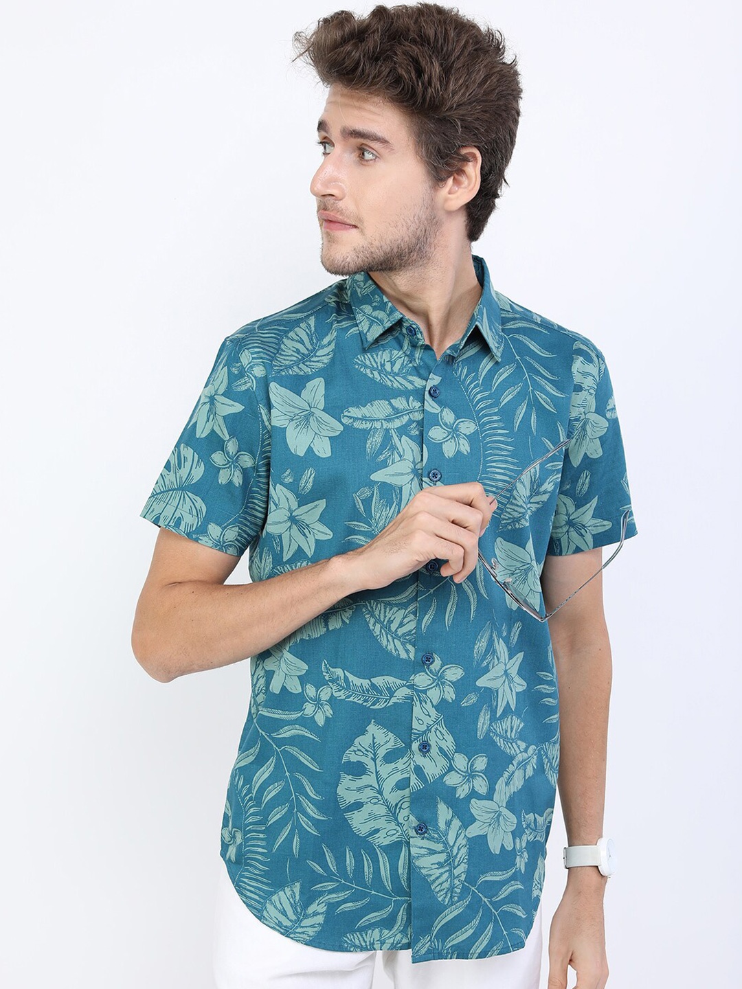

HIGHLANDER Men Teal Slim Fit Floral Printed Casual Cotton Shirt