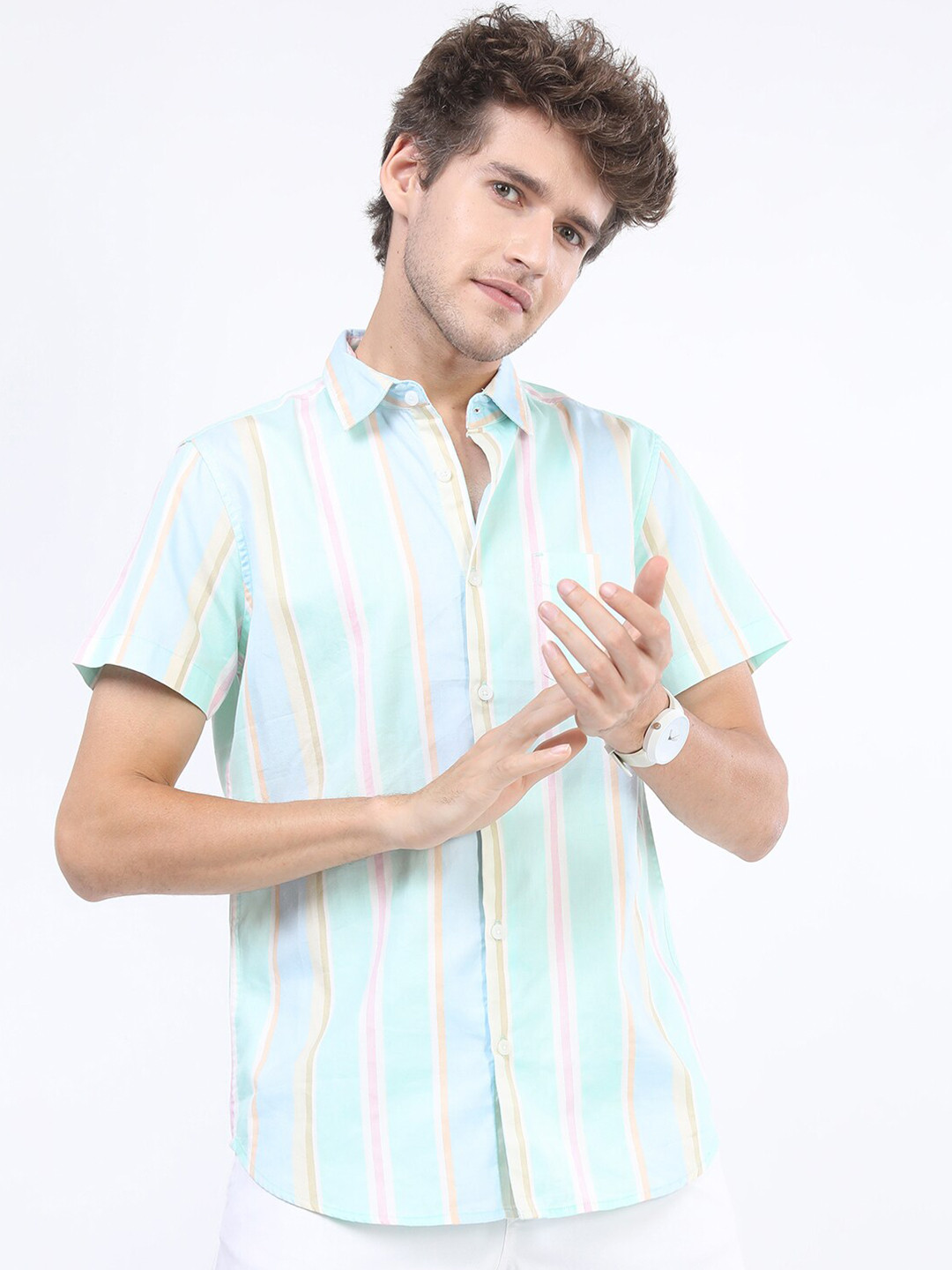 

HIGHLANDER Men Green Slim Fit Striped Casual Shirt