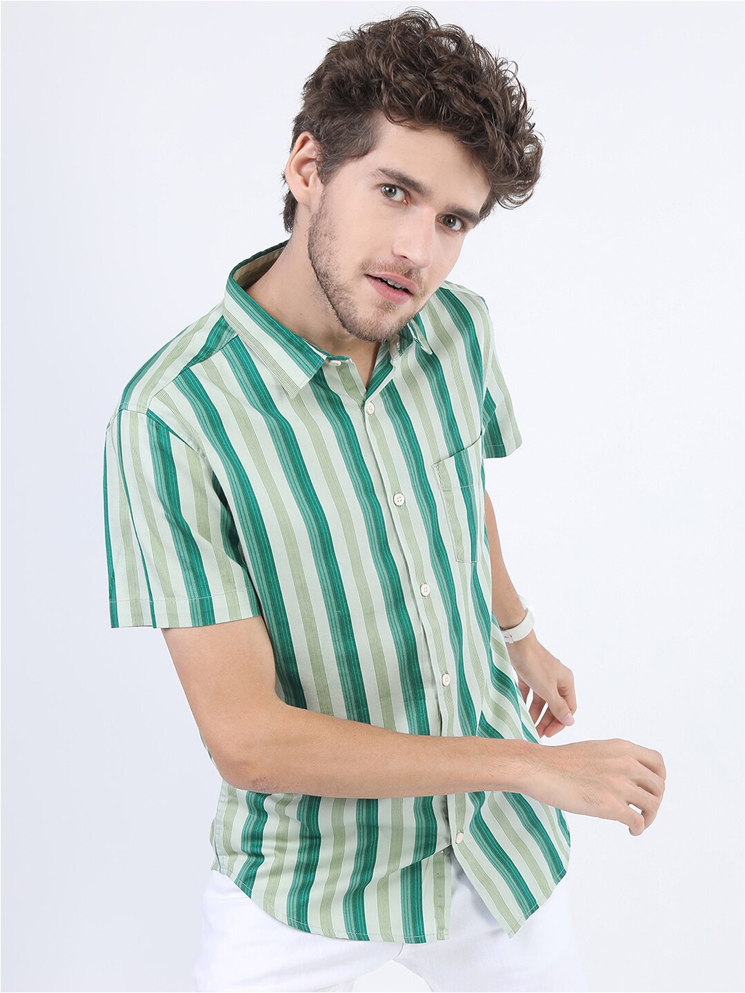 

HIGHLANDER Men Green Slim Fit Multi Stripes Striped Casual Shirt