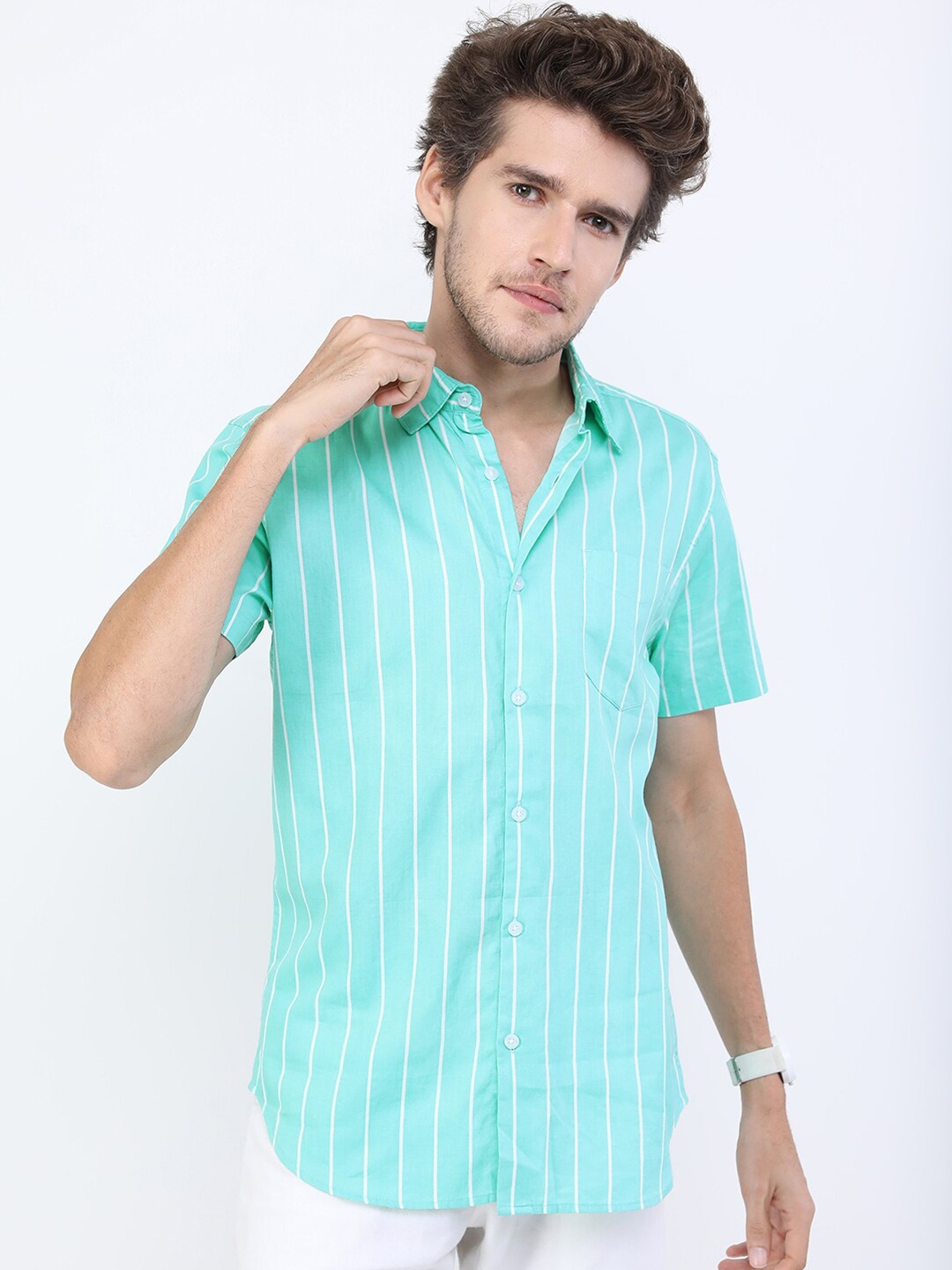 

HIGHLANDER Men Sea Green Slim Fit Striped Casual Shirt