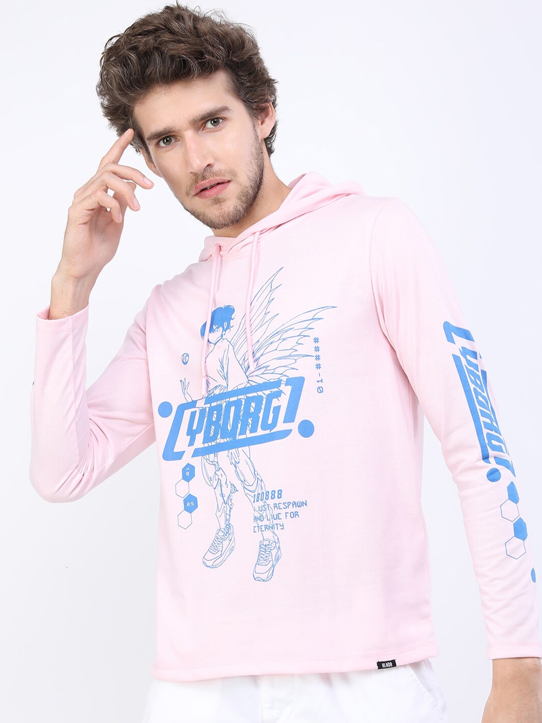HIGHLANDER Men Pink Typography Hooded Printed Slim Fit T-shirt