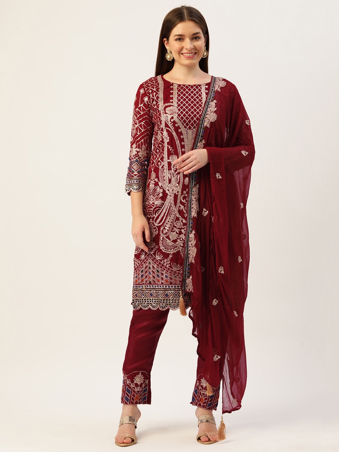 

cbazaar Maroon & Golden Embroidered Unstitched Dress Material