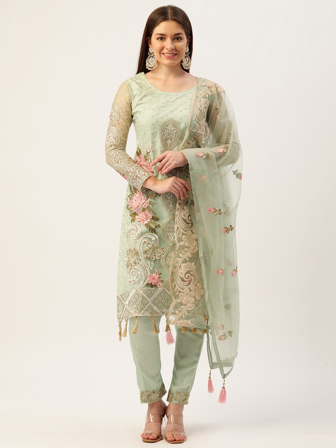 

cbazaar Green & Pink Embroidered Unstitched Dress Material