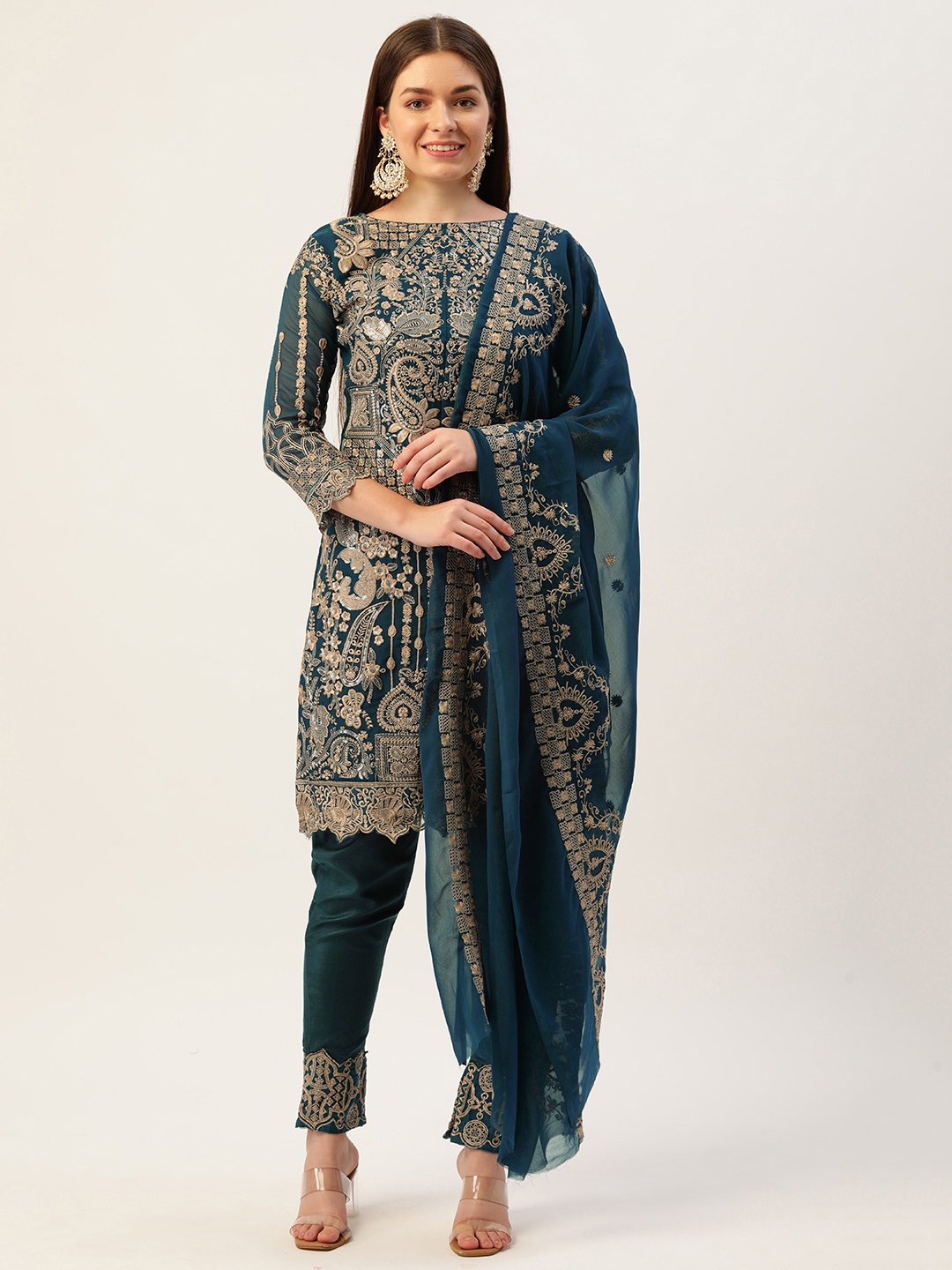 

cbazaar Teal & Golden Embroidered Unstitched Dress Material