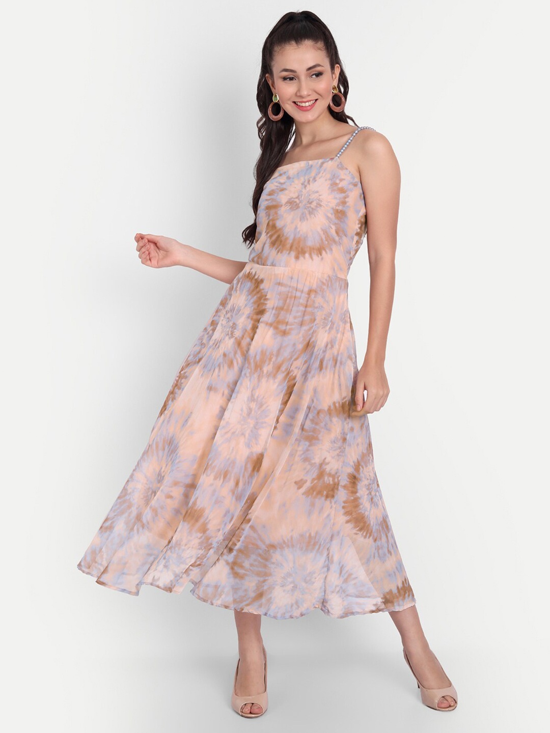 

ISAM Peach-Coloured & Blue Tie and Dye Chiffon Midi Dress