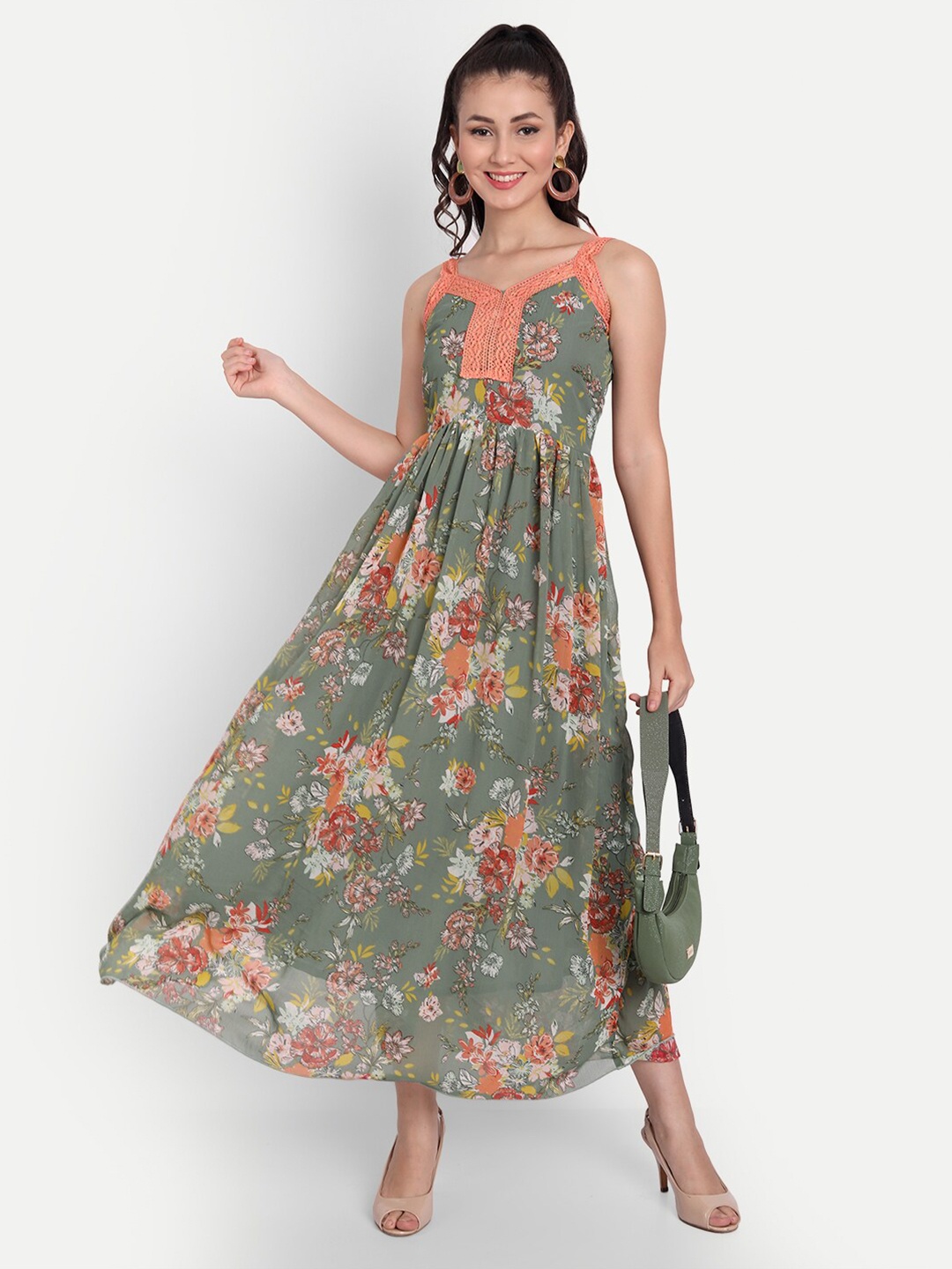 

ISAM Green Floral Chiffon Maxi Dress