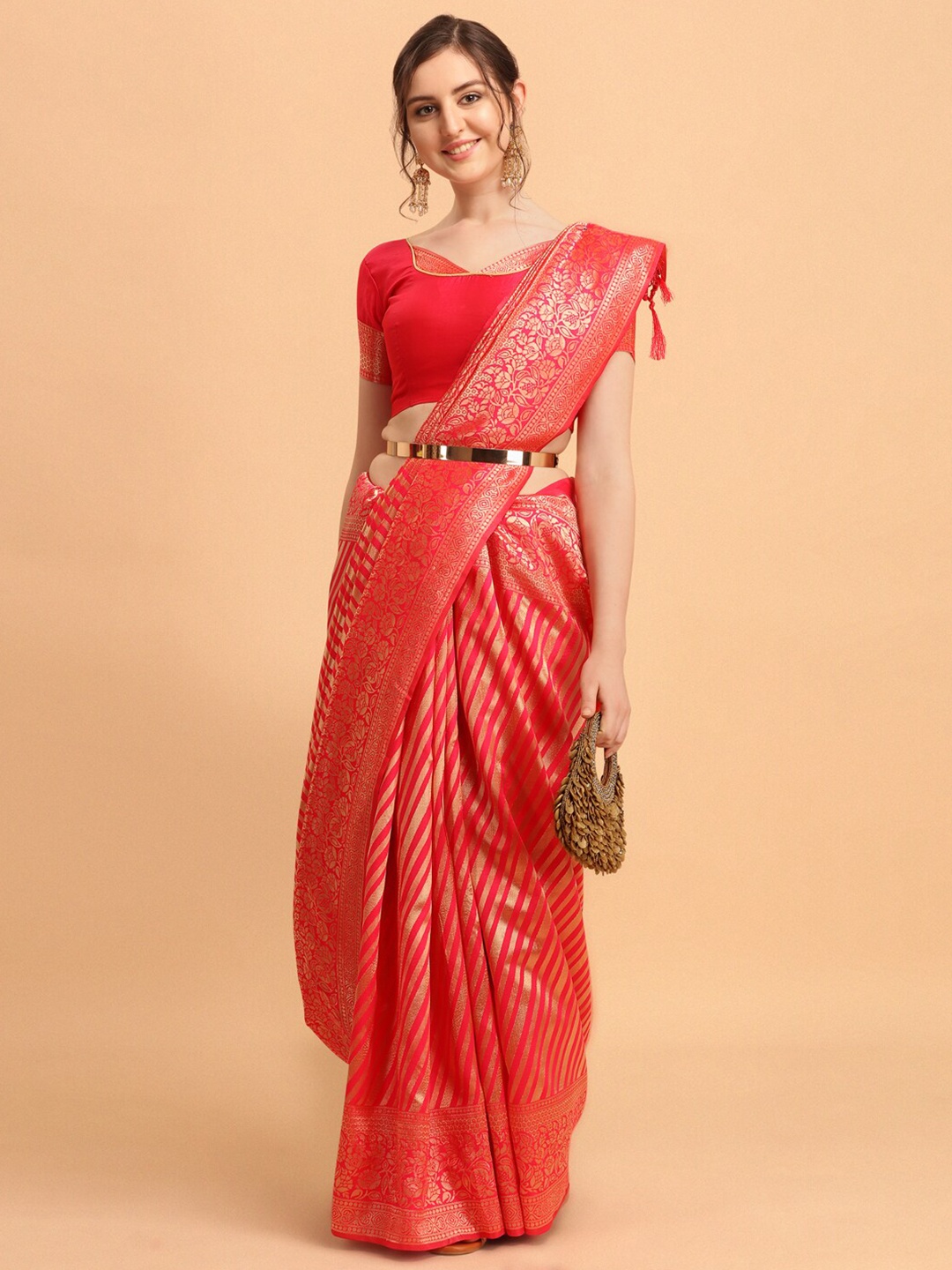 

HERE&NOW Red & Gold-Toned Ethnic Motifs Zari Silk Blend Saree
