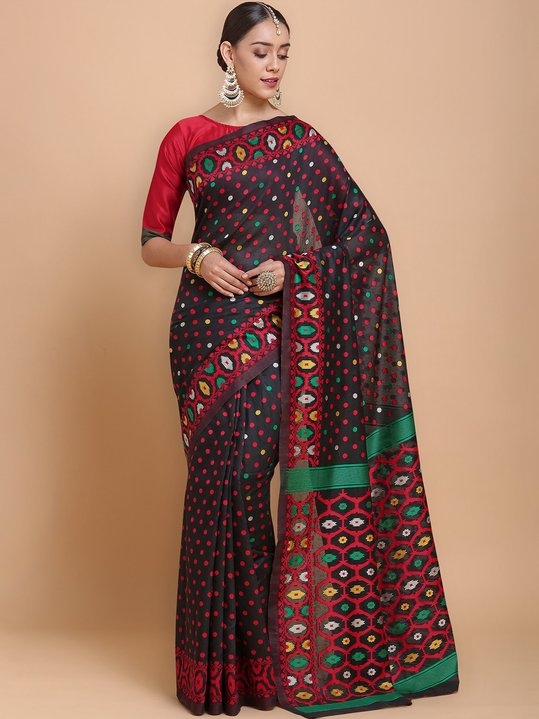 

HERE&NOW Red & Green Zari Silk Blend Jamdani Saree