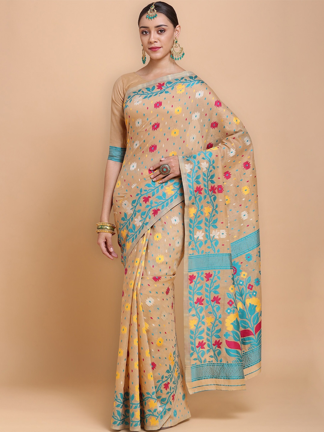 

HERE&NOW Beige & Blue Floral Silk Blend Jamdani Saree
