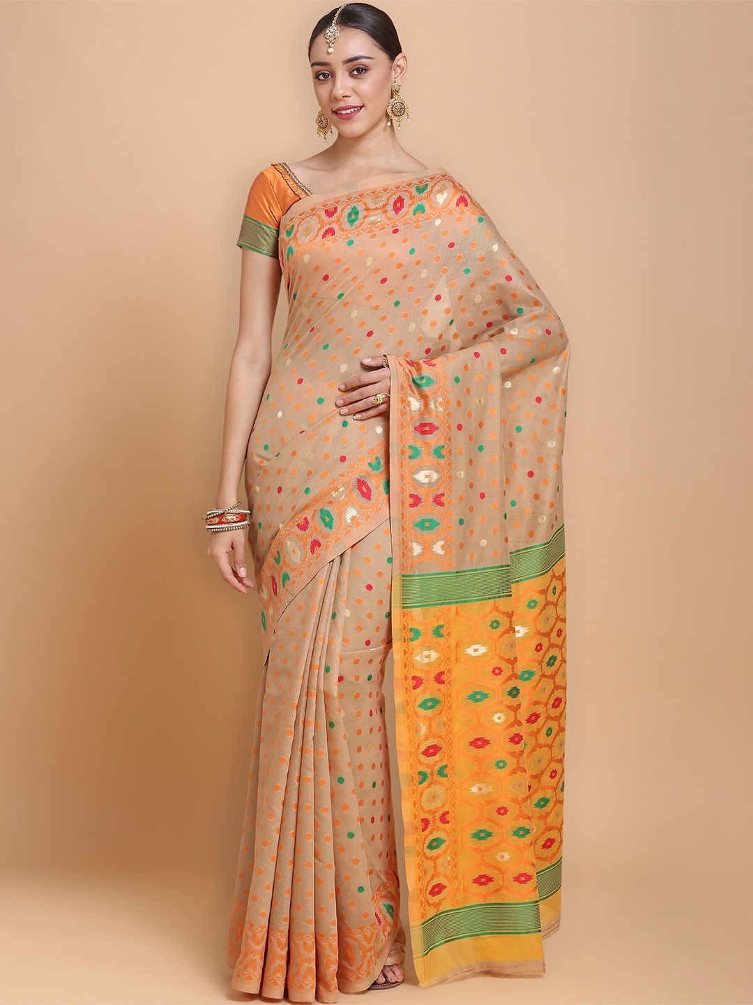 

HERE&NOW Yellow & Green Floral Zari Silk Blend Jamdani Saree