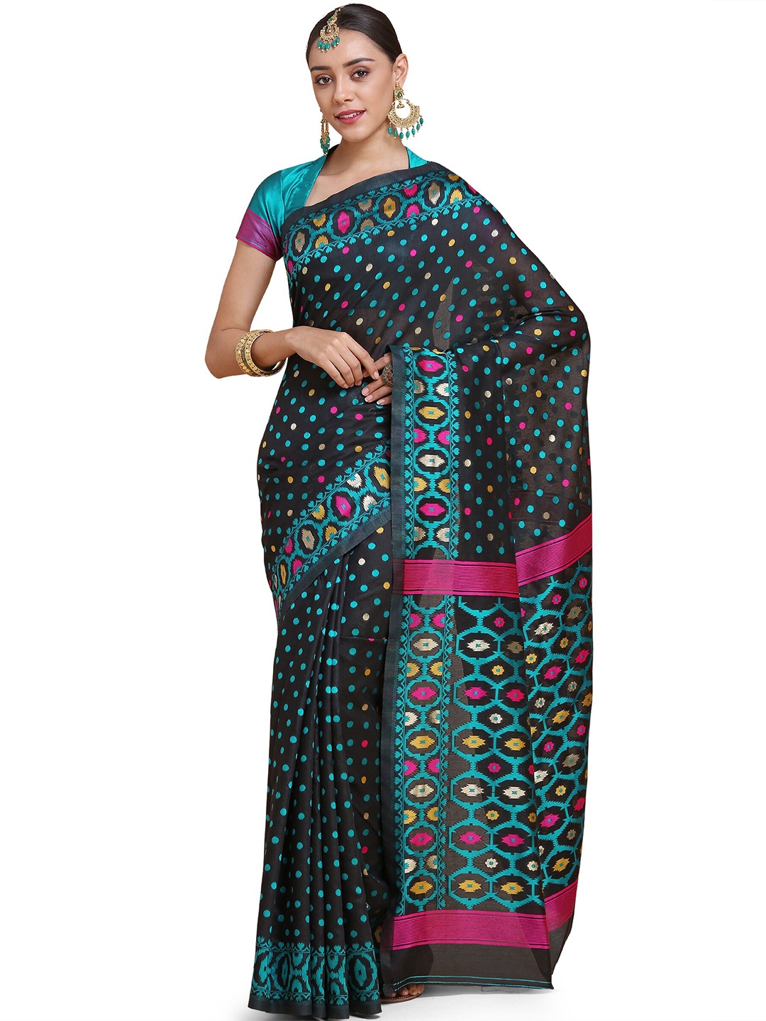 

HERE&NOW Blue & Pink Zari Silk Blend Jamdani Saree
