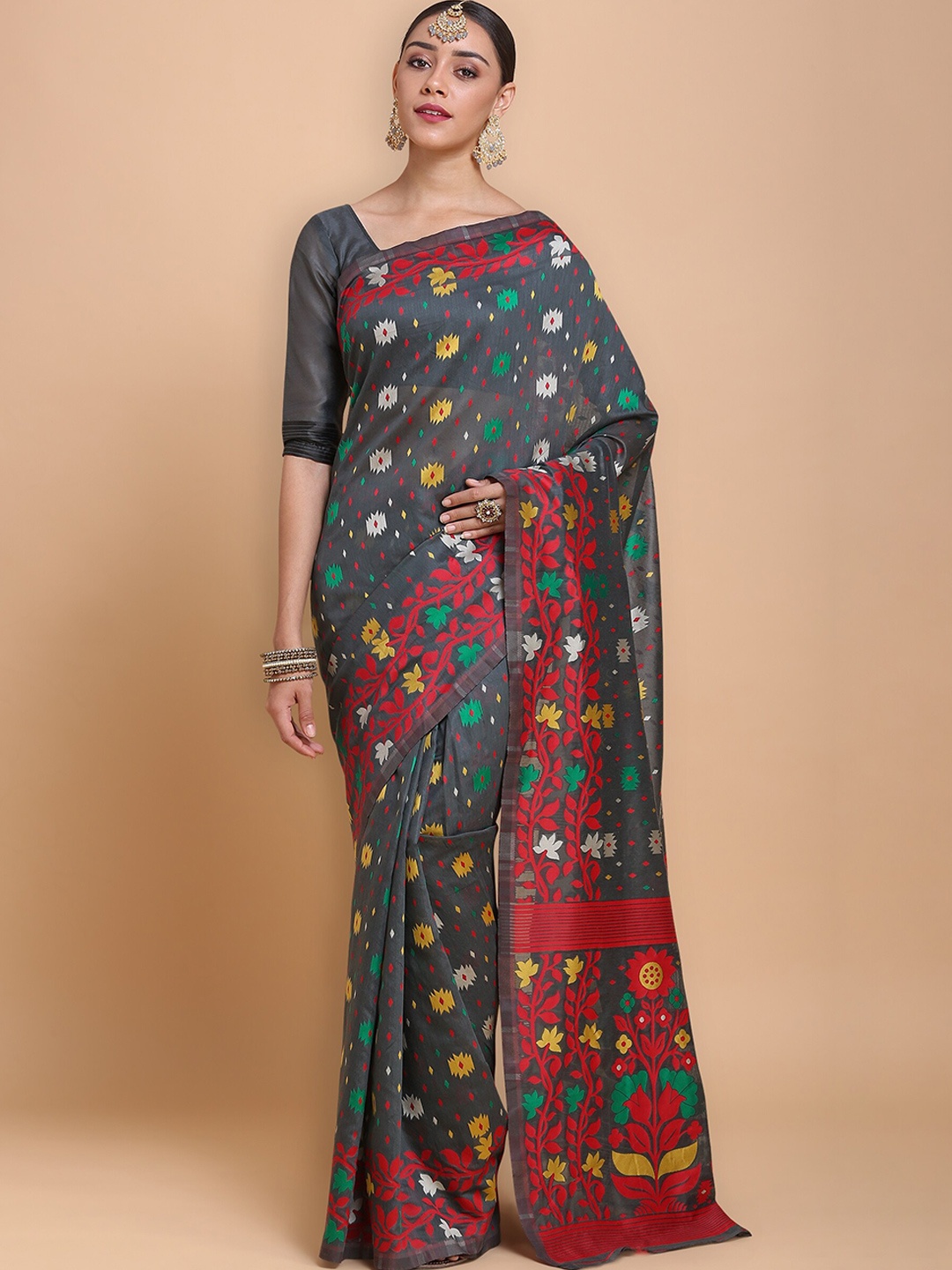 

HERE&NOW Grey & Green Floral Zari Silk Blend Jamdani Saree