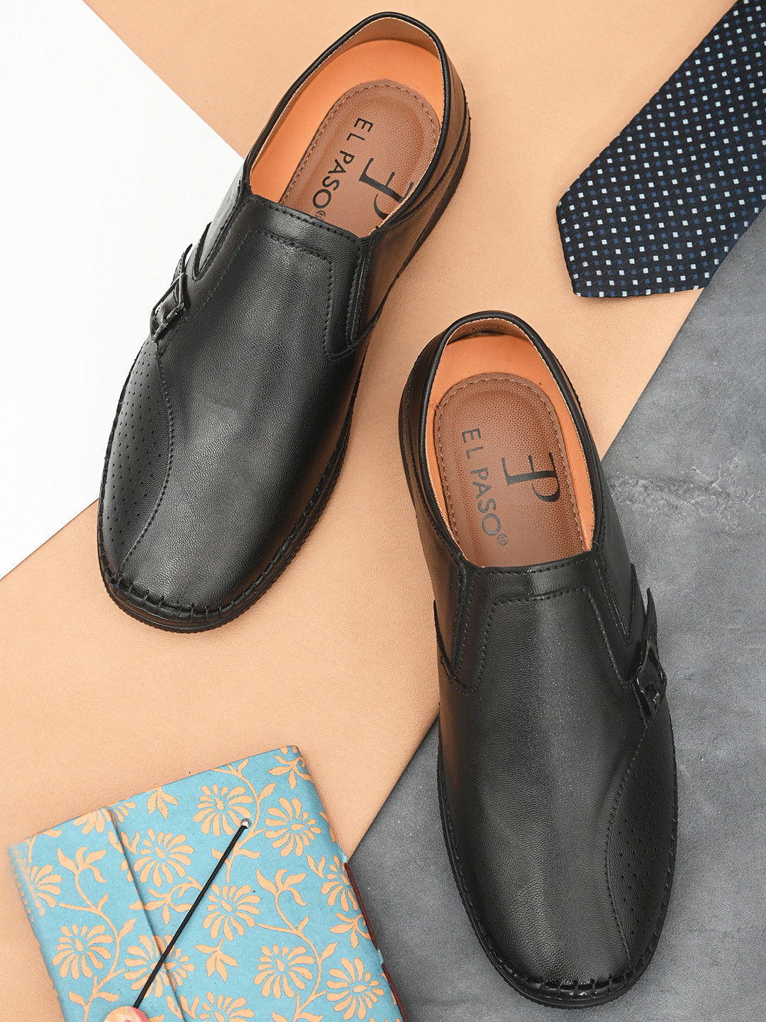 

El Paso Men Black Solid Leather Formal Loafers
