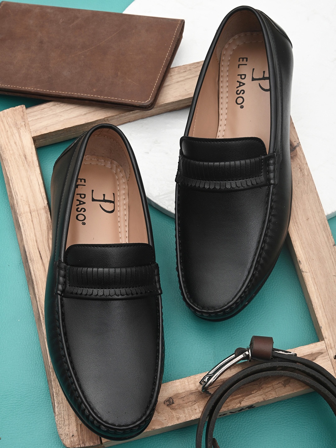 

El Paso Men Black Solid Leather Formal Loafers