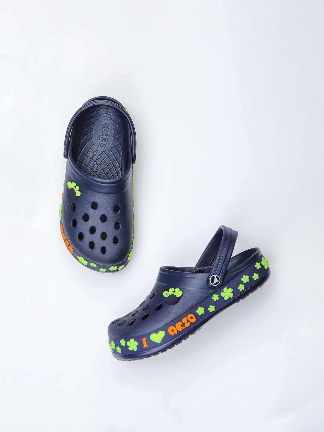 

ABROS Unisex Kids Navy Blue & Green Printed Rubber Clogs