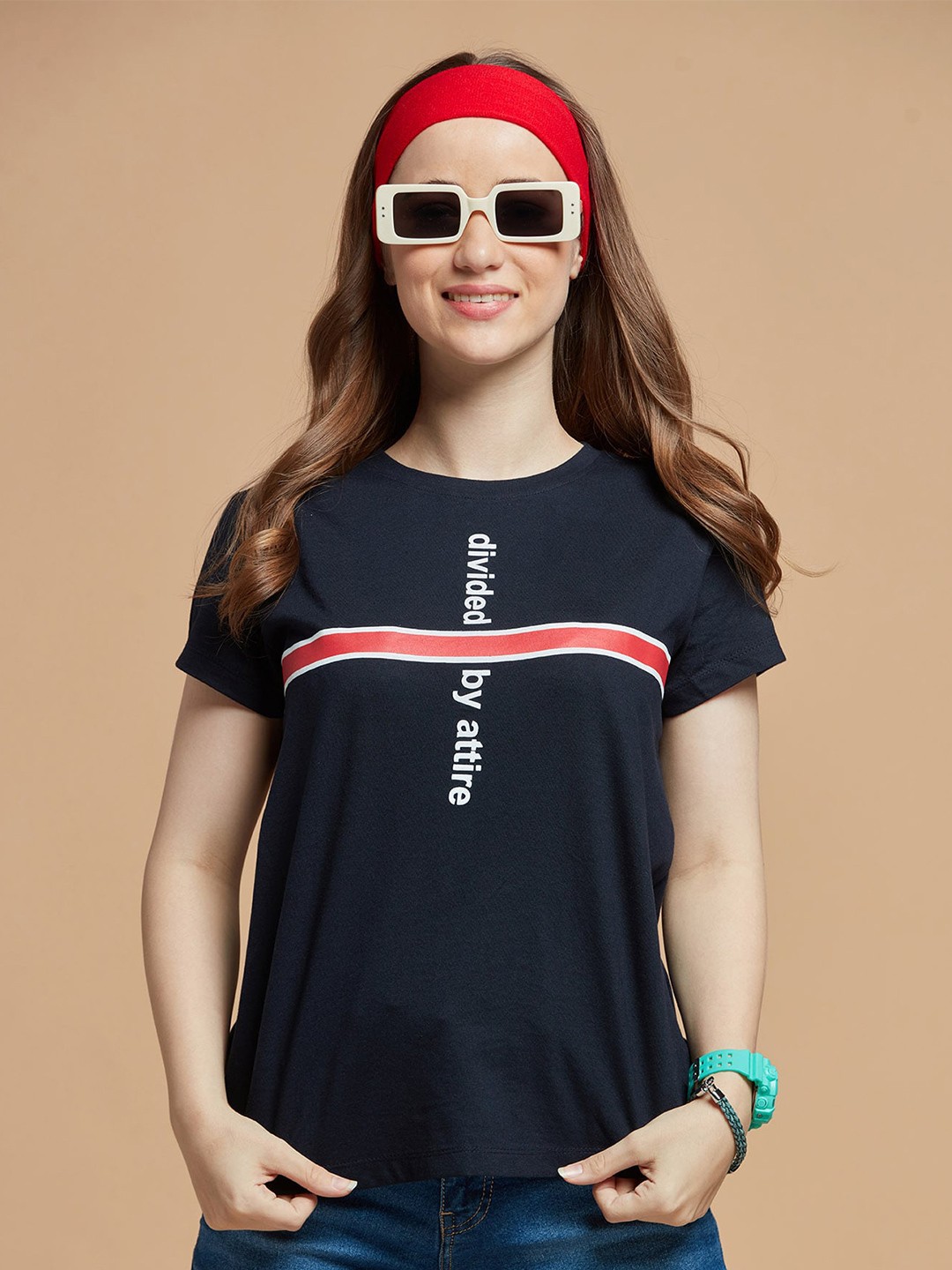 

DressBerry Women Navy Blue Striped Cotton T-shirt