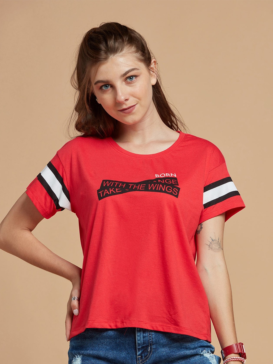 

DressBerry Women Red Typography Printed Drop-Shoulder Sleeves Pure Cotton T-shirt