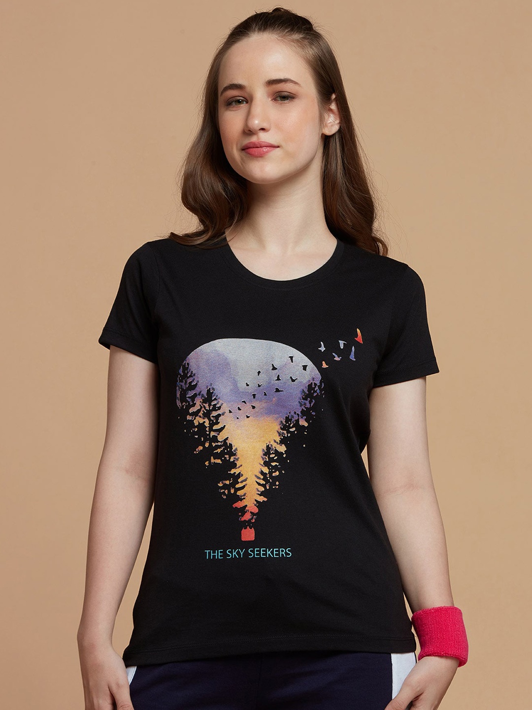 

DressBerry Women Black Printed Slim Fit Cotton T-shirt
