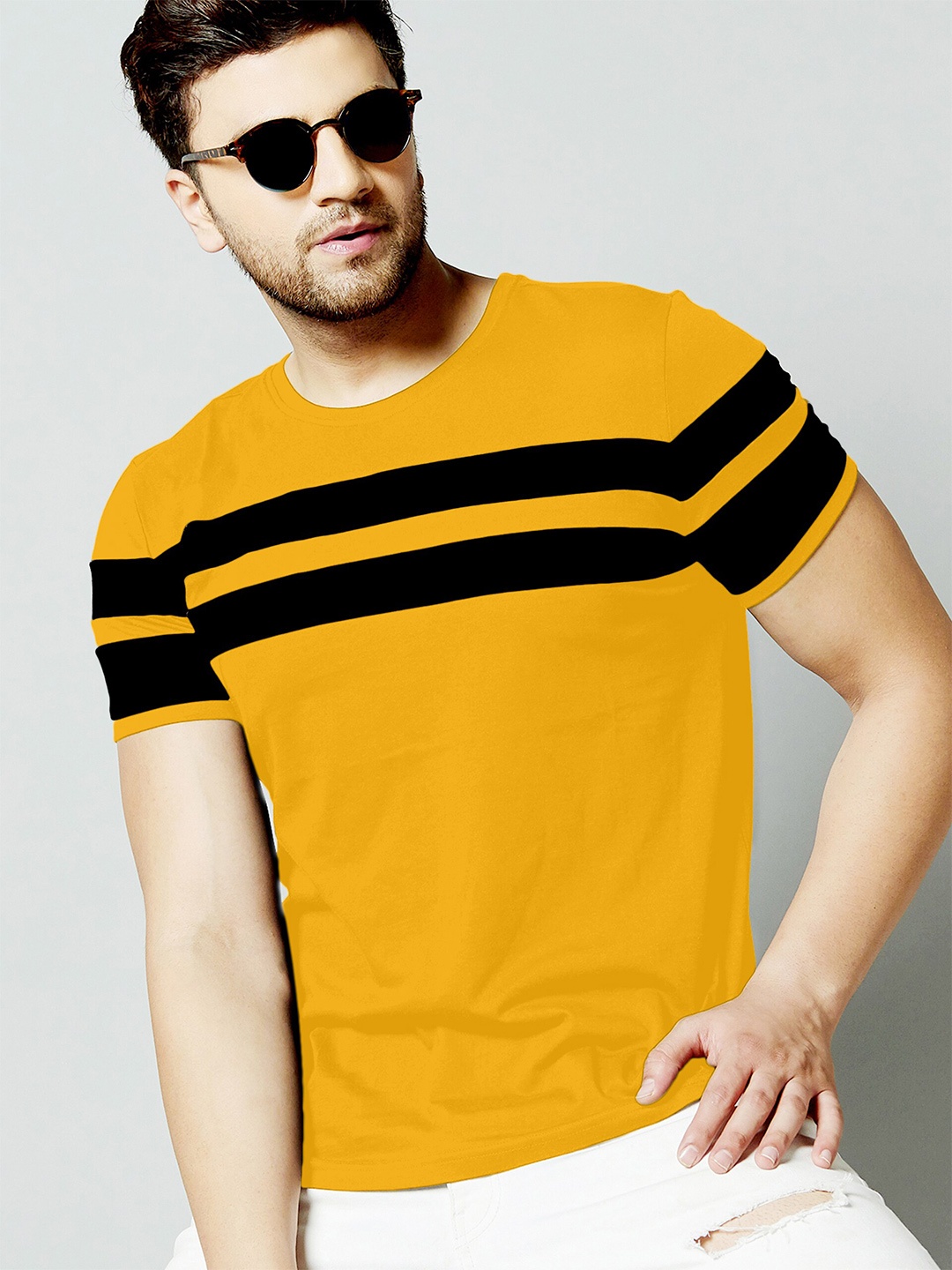 

AUSK Men Mustard Yellow Striped T-shirt