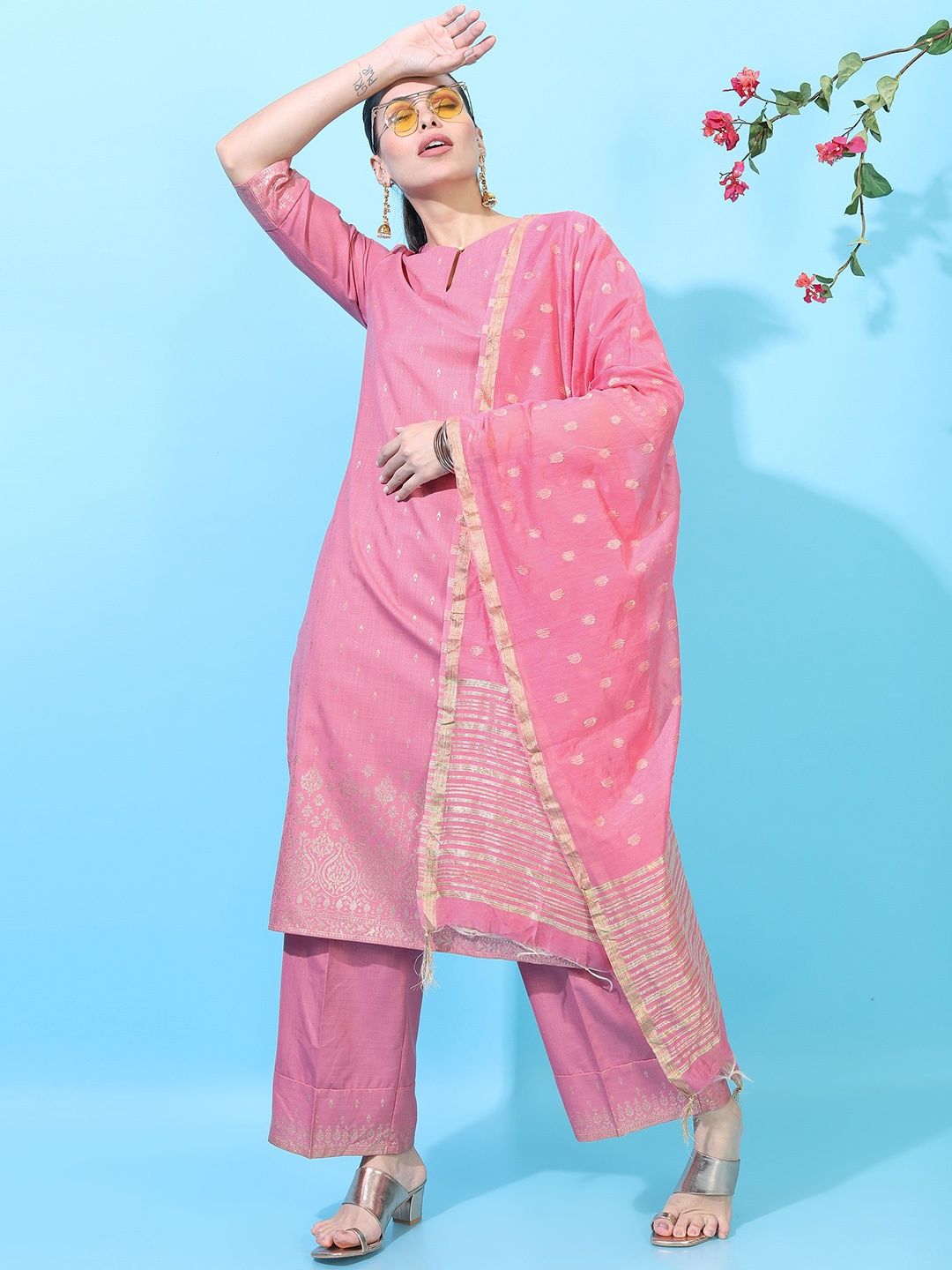 

Vishudh Women Coral Ethnic Motifs Printed Panelled Kurta With Trousers & Dupatta