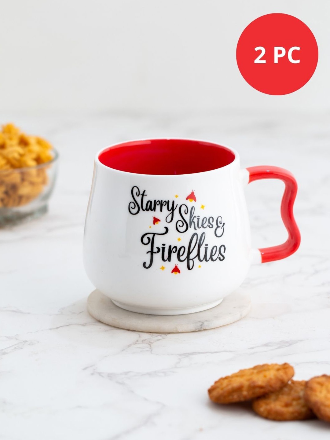 

JCPL White & Red Set of 2 Printed Ceramic Glossy Mugs 350 ML Each