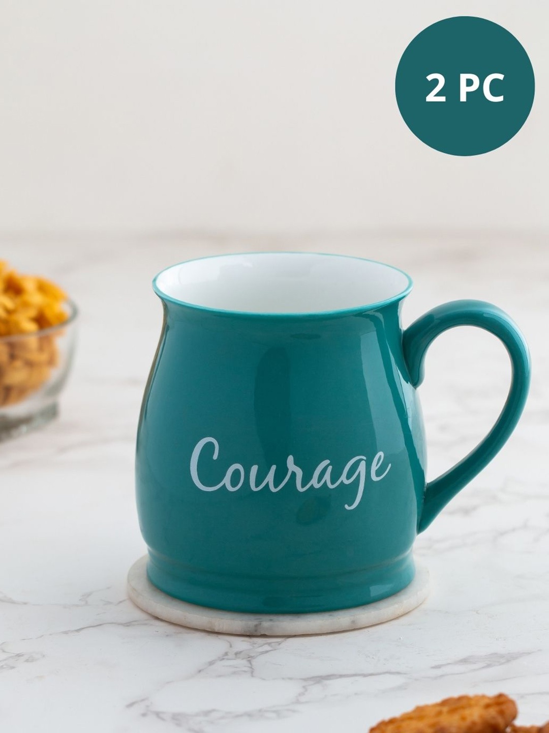 

JCPL Fine Ceramic Green & White 2 Pieces Floral Printed Glossy Mug 350 Ml Each