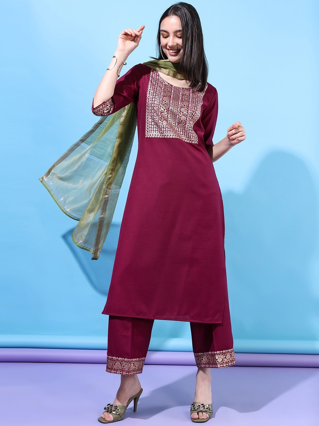 

Vishudh Women Pink Embroidered Pleated Kurta with Trousers & Dupatta